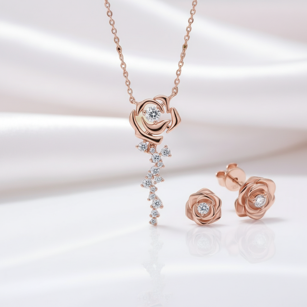 Vintage Rose Diamond Pendant Necklace & Earrings-Black Diamonds New York