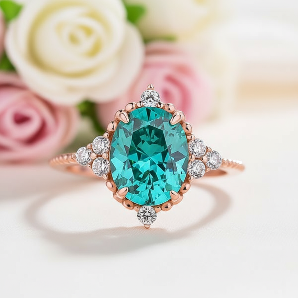 Vintage Rose Gold Oval Cut Paraiba Tourmaline Engagement Ring-Black Diamonds New York
