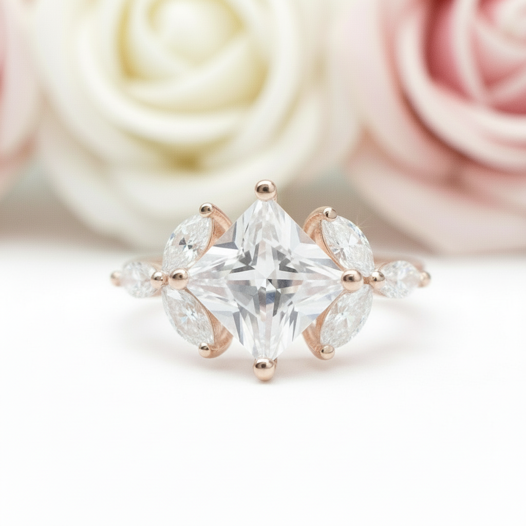 Vintage Rose Gold Princess Cut Diamond Engagement Ring-Black Diamonds New York