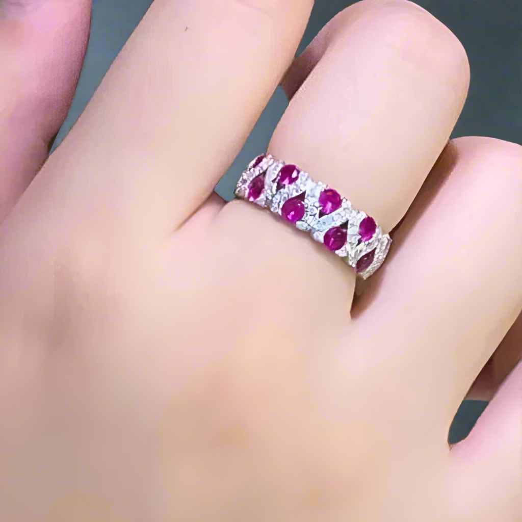 Vintage Round Lab Ruby Wedding Band-Black Diamonds New York