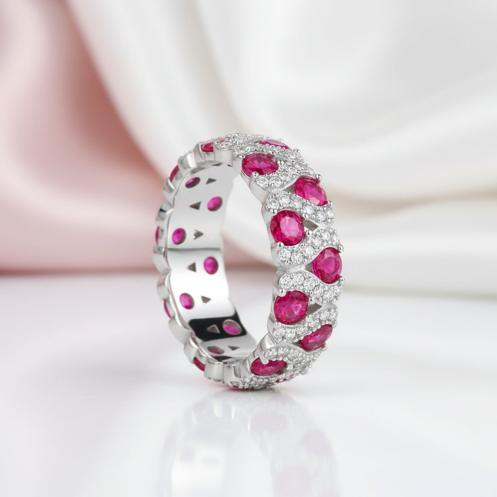 Vintage Round Lab Ruby Wedding Band-Black Diamonds New York