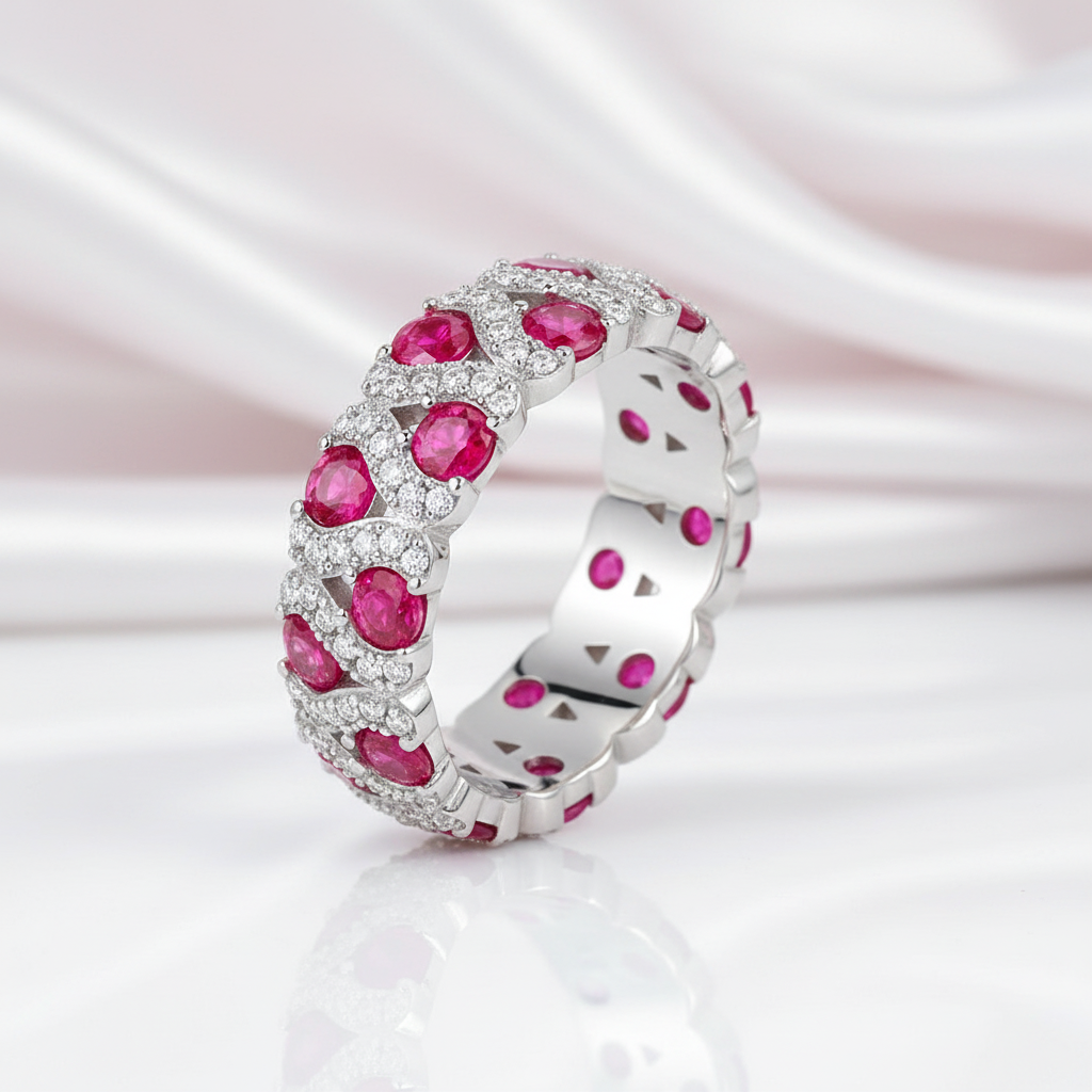 Vintage Round Lab Ruby Wedding Band-Black Diamonds New York