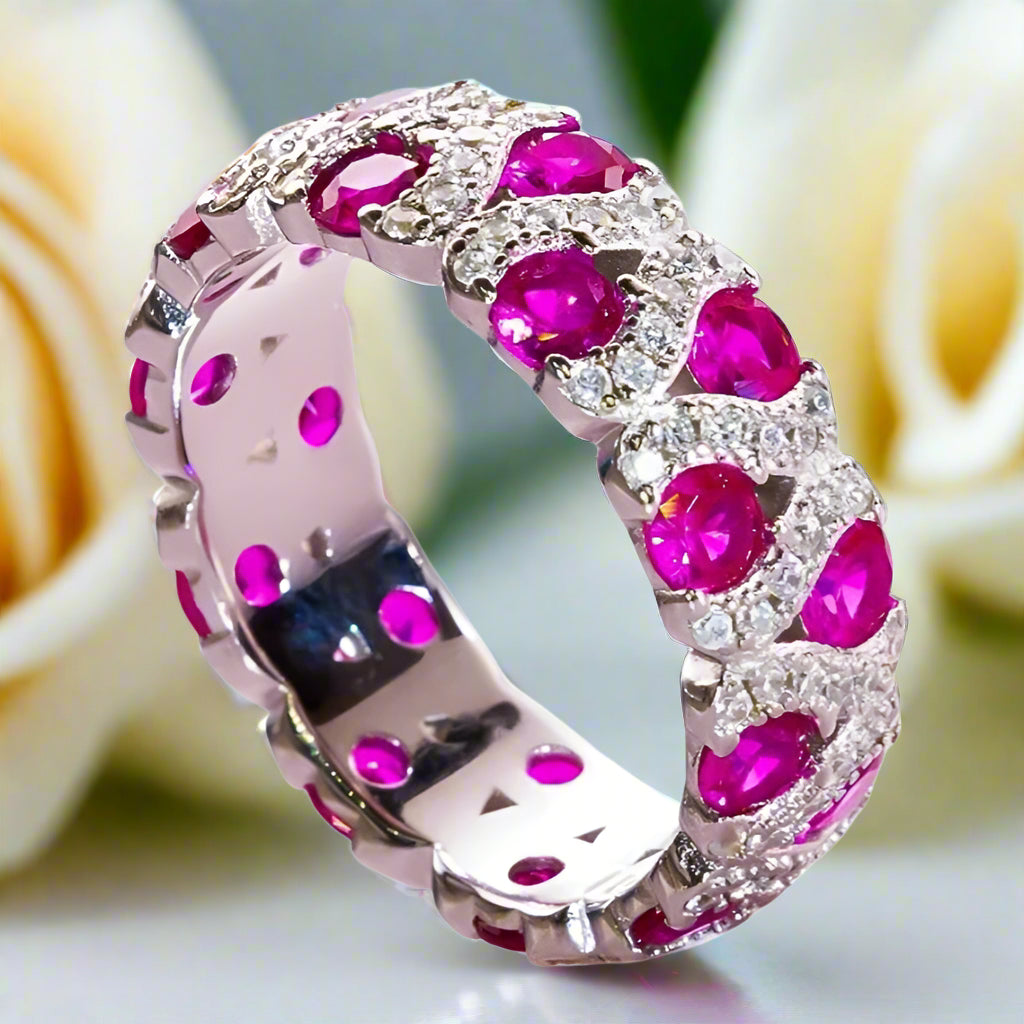 Vintage Round Lab Ruby Wedding Band-Black Diamonds New York