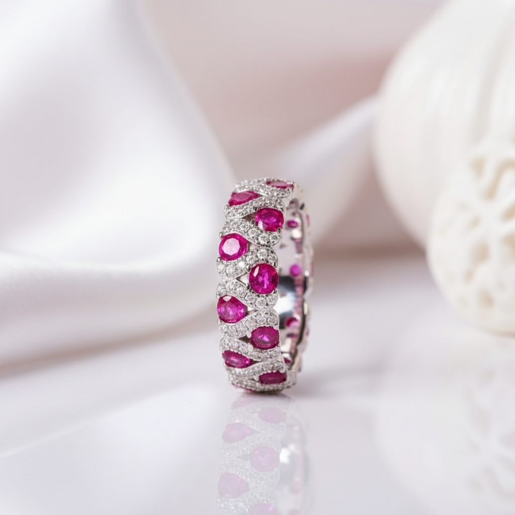 Vintage Round Lab Ruby Wedding Band-Black Diamonds New York