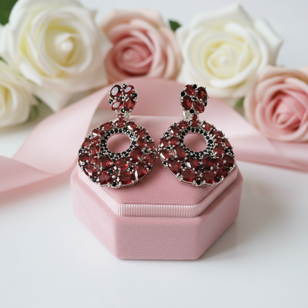 Vintage Round Garnet Gemstone Drop Earrings-Black Diamonds New York