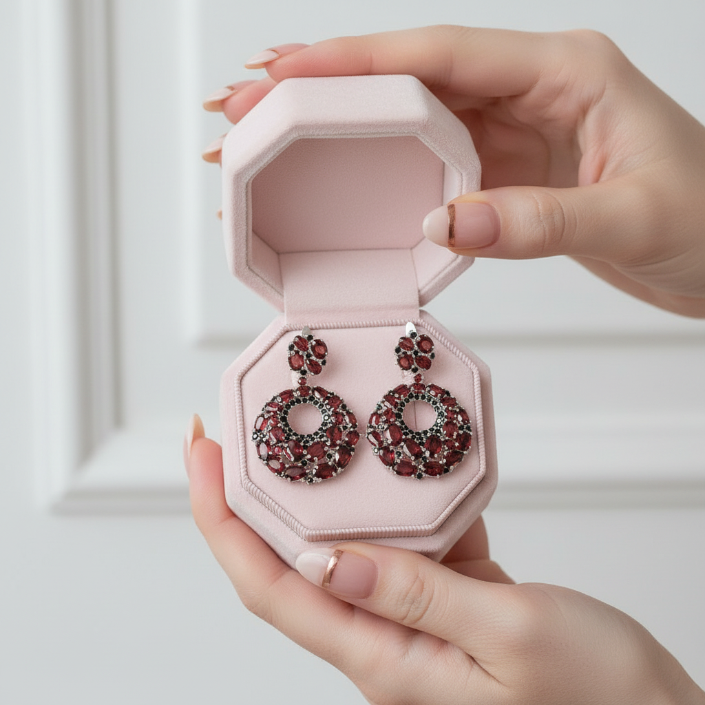 Vintage Round Garnet Gemstone Drop Earrings-Black Diamonds New York
