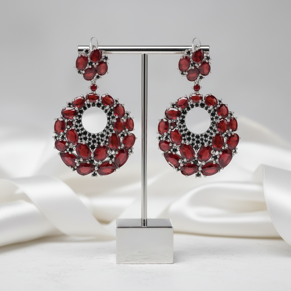 Vintage Round Garnet Gemstone Drop Earrings-Black Diamonds New York