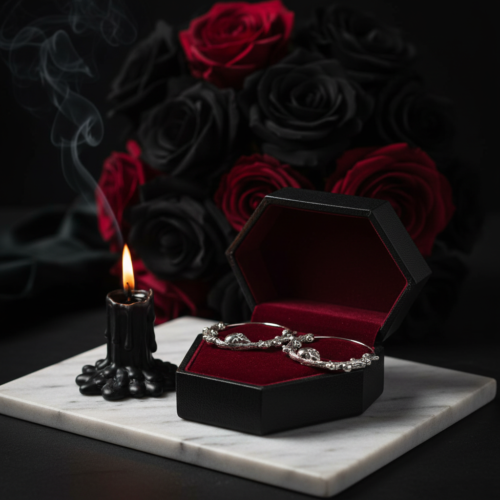 Open jewelry box with a silver chain, black candle, and red roses on a dark background