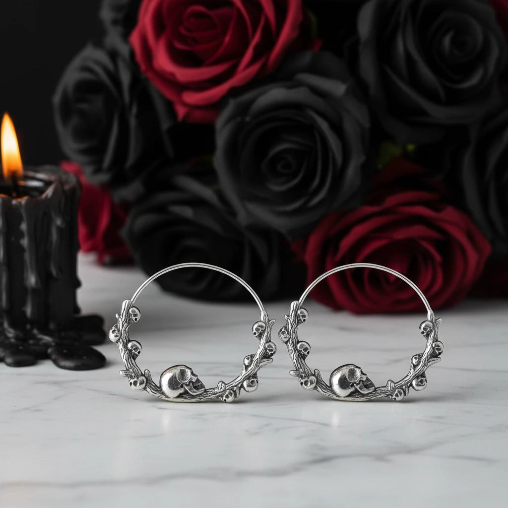 Vintage Stainless Steel Viking Skull Hoop Earrings-Black Diamonds New York