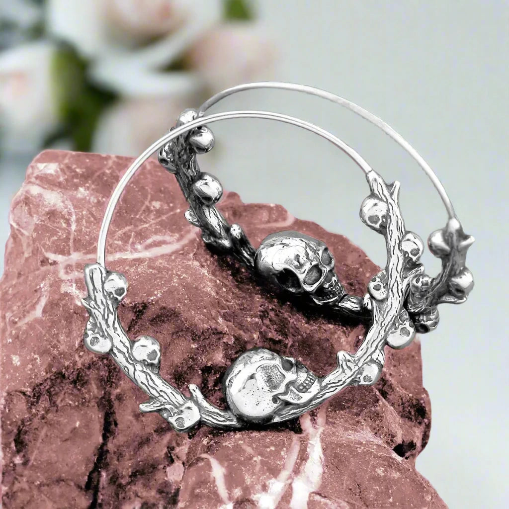 Vintage Stainless Steel Viking Skull Hoop Earrings-Black Diamonds New York