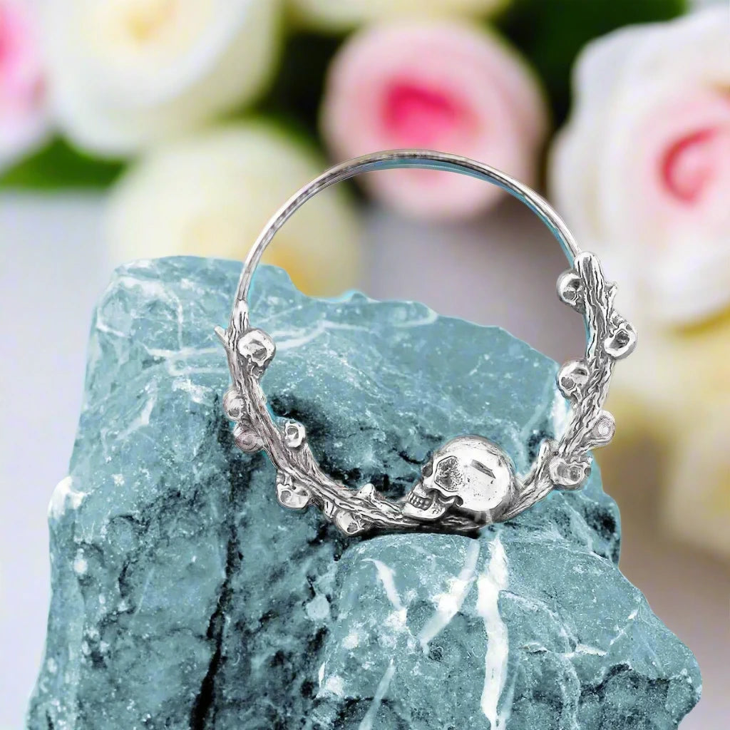 Vintage Stainless Steel Viking Skull Hoop Earrings-Black Diamonds New York