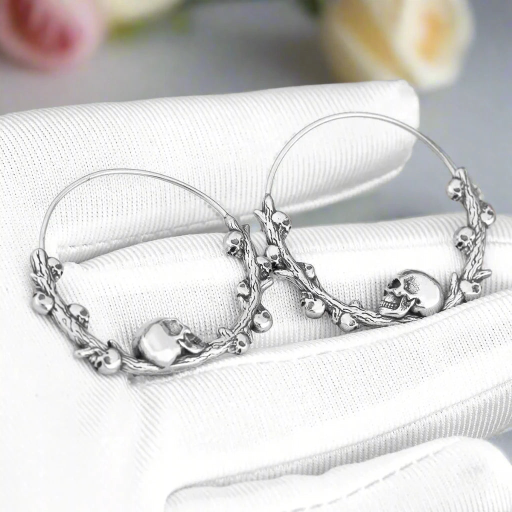 Vintage Stainless Steel Viking Skull Hoop Earrings-Black Diamonds New York