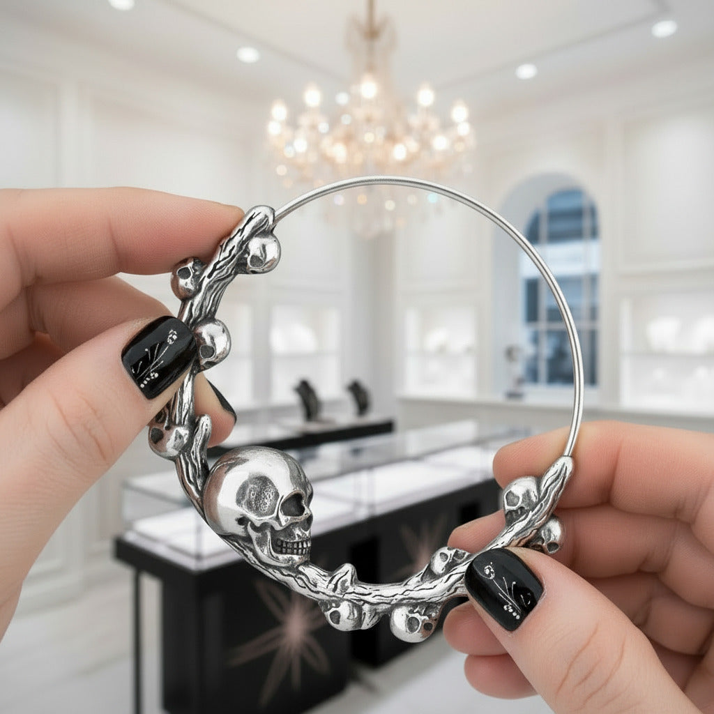 Vintage Stainless Steel Viking Skull Hoop Earrings-Black Diamonds New York