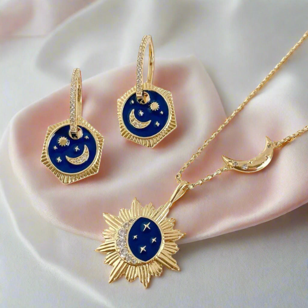 Vintage Star Moon & Sun Pendant Necklace-Black Diamonds New York