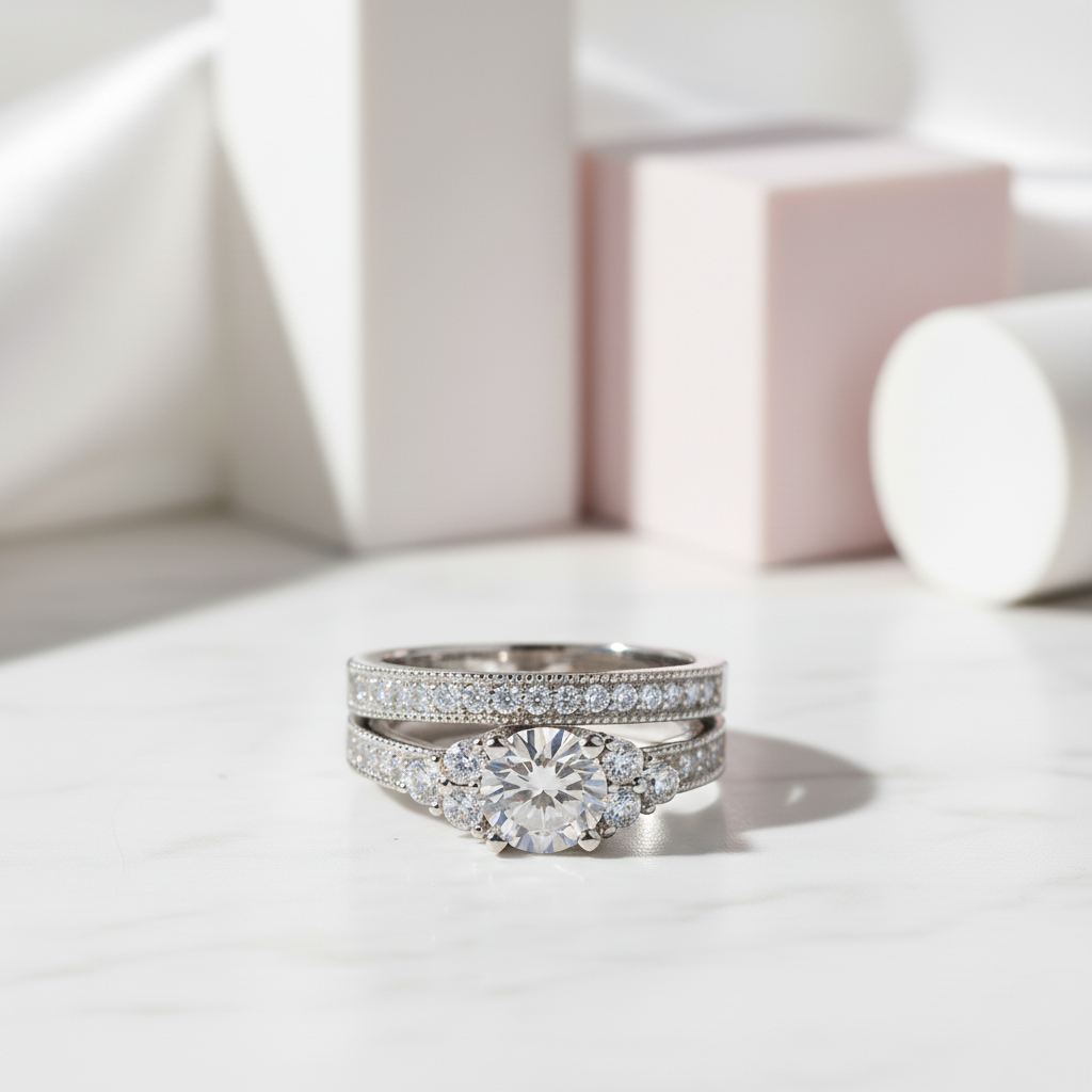 Vintage Style 1.0 Ct Diamond 2-Pc Engagement Ring Set-Black Diamonds New York