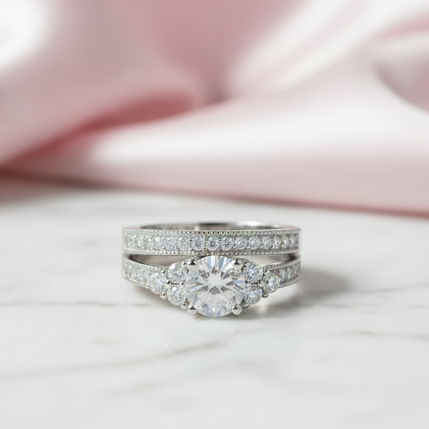 Vintage Style 1.0 Ct Diamond Option 2-Pc Engagement Ring Set-Black Diamonds New York