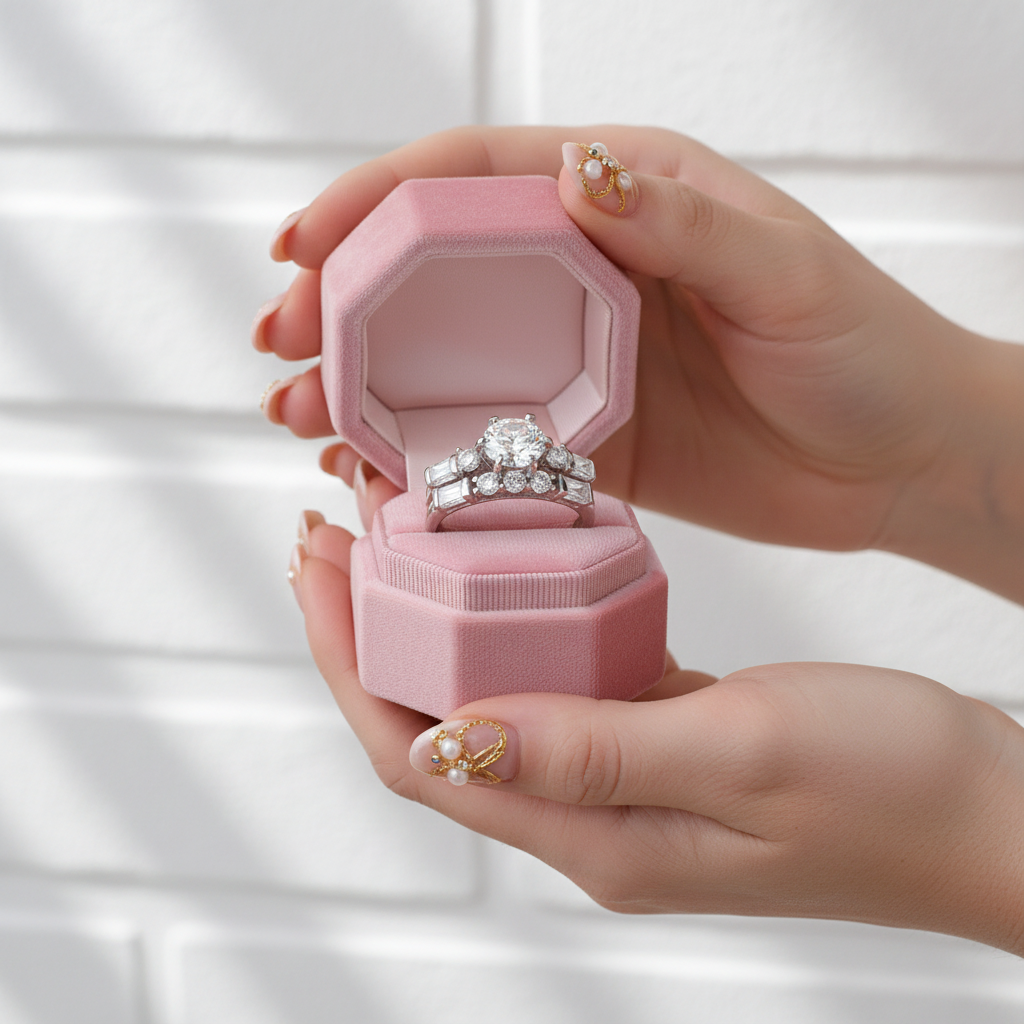 Hand holding a pink jewelry box with a diamond ring inside against a neutral background
