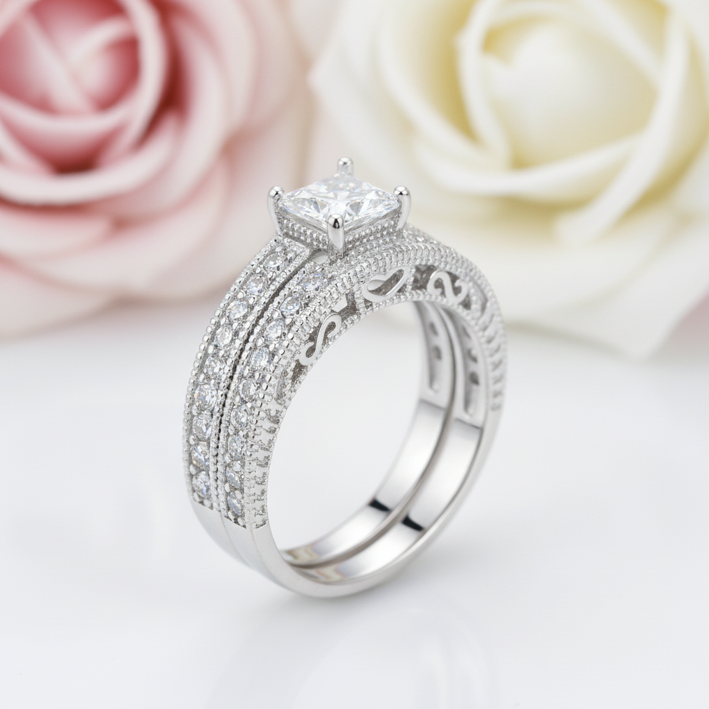 Vintage Style Victorian Art Deco 1.0 Ct Diamond 2-Pc Engagement Ring Set-Black Diamonds New York