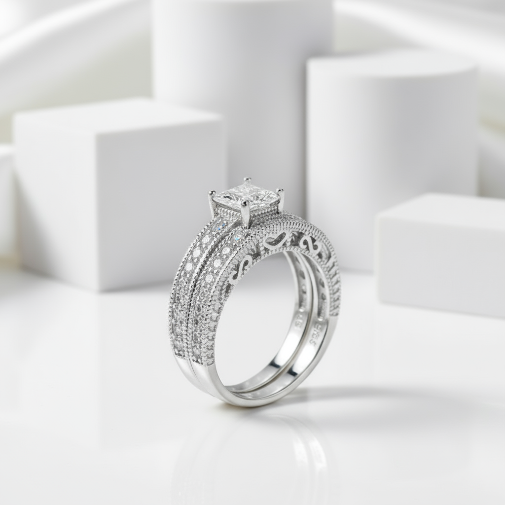 Vintage Style Victorian Art Deco 1.0 Ct Diamond 2-Pc Engagement Ring Set-Black Diamonds New York