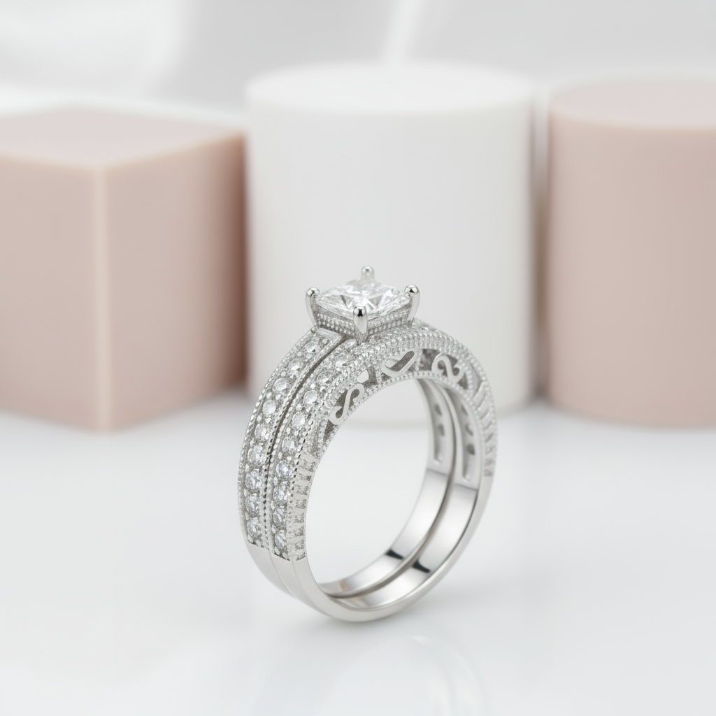 Vintage Style Victorian Art Deco 1.0 Ct Diamond 2-Pc Engagement Ring Set-Black Diamonds New York