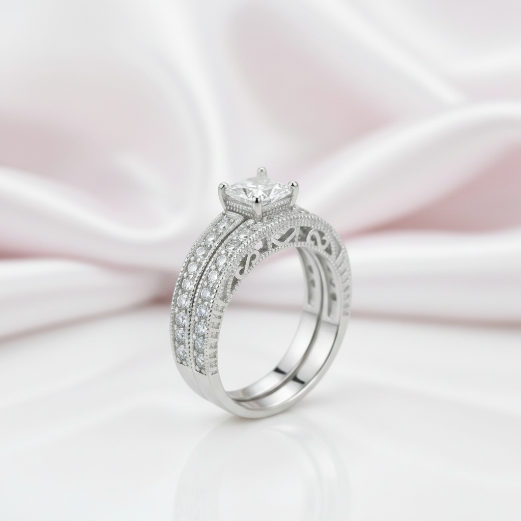 Vintage Option Victorian Art Deco 1.0 Ct Diamond Option 2-Pc Engagement Ring Set-Black Diamonds New York