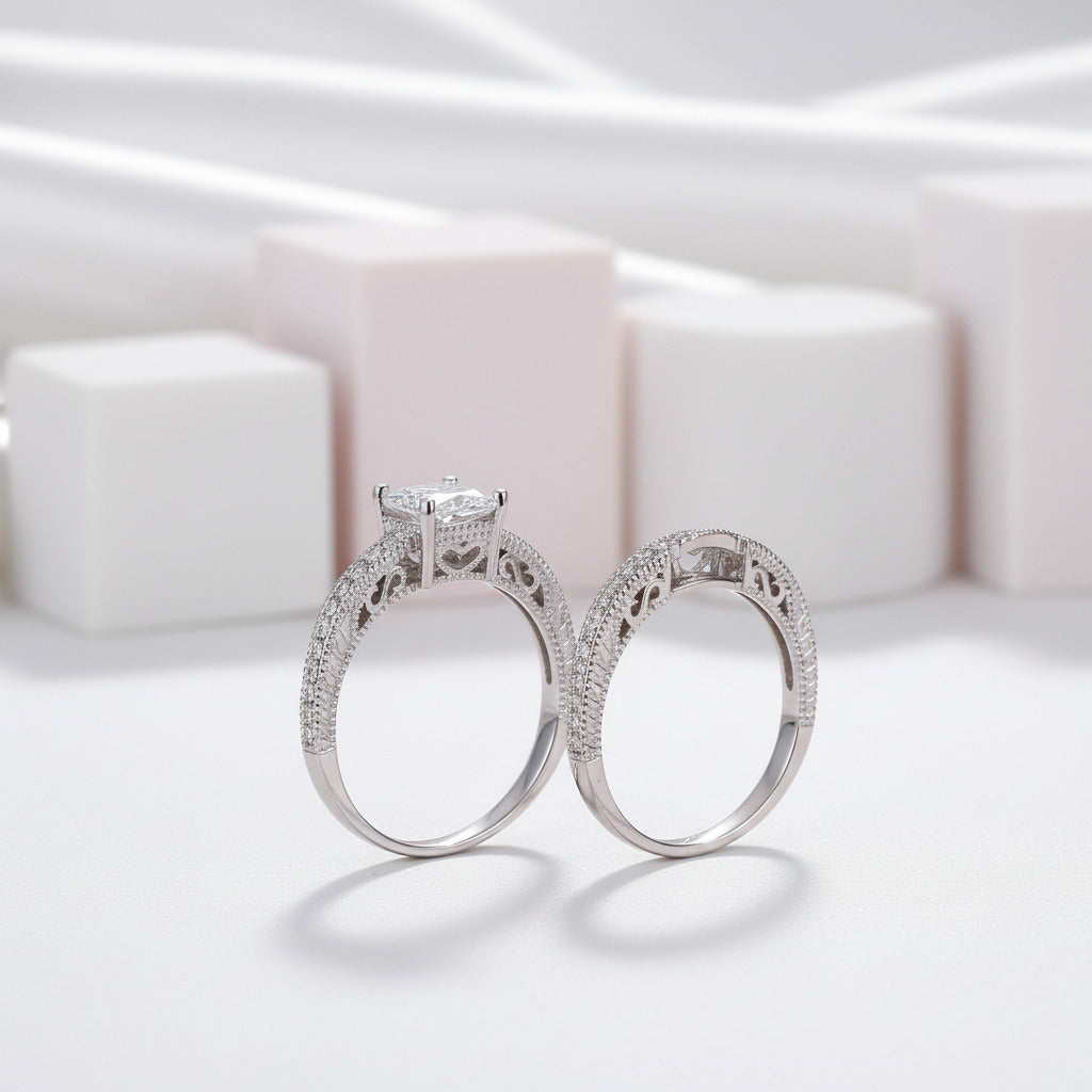 Vintage Style Victorian Art Deco 1.0 Ct Diamond 2-Pc Engagement Ring Set-Black Diamonds New York