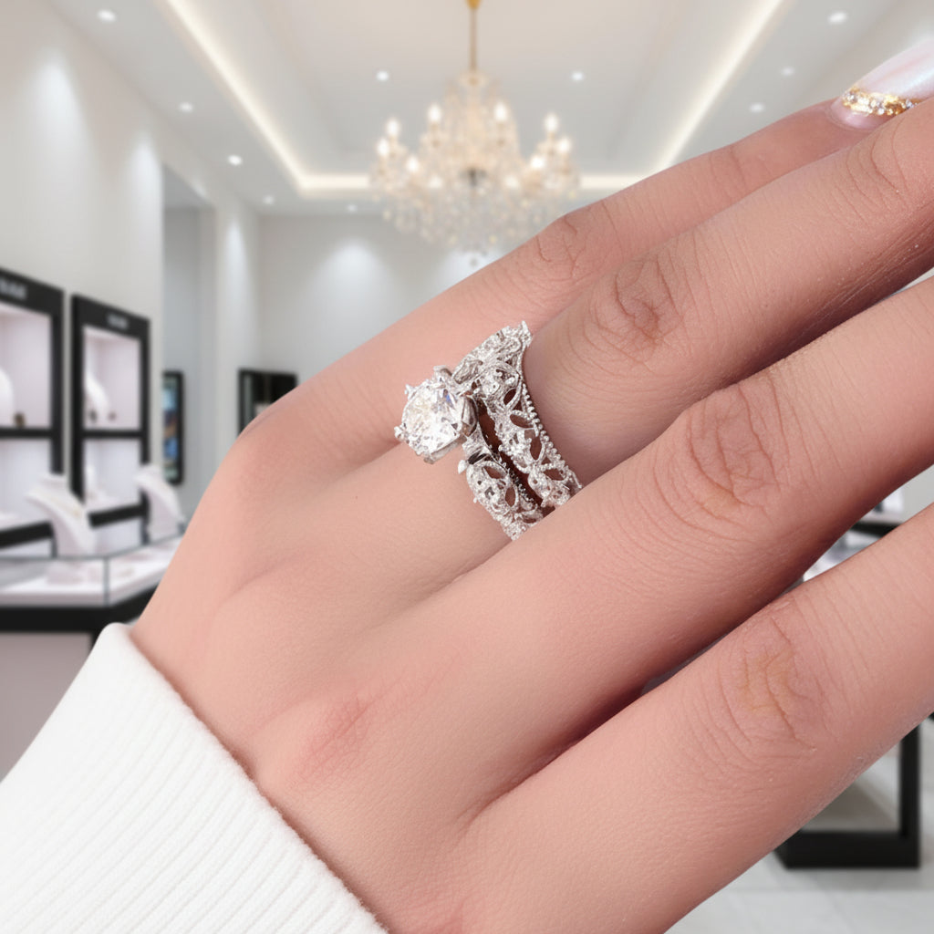 Vintage Option Victorian Art Deco 1.25 Ct Diamond Option 2-Pcs Engagement Ring Set-Black Diamonds New York