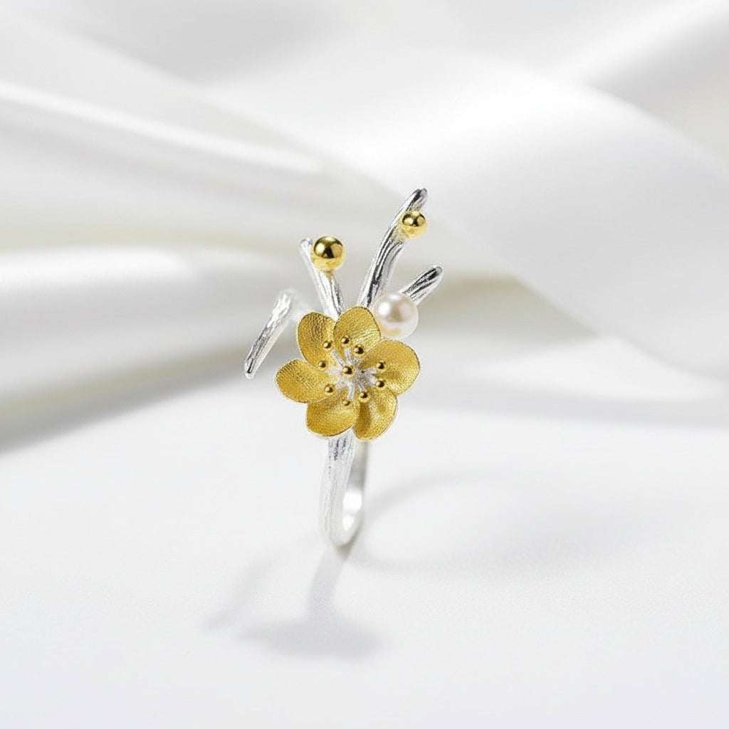 Vintage Winter Blossom & Snow Flower Ring-Black Diamonds New York