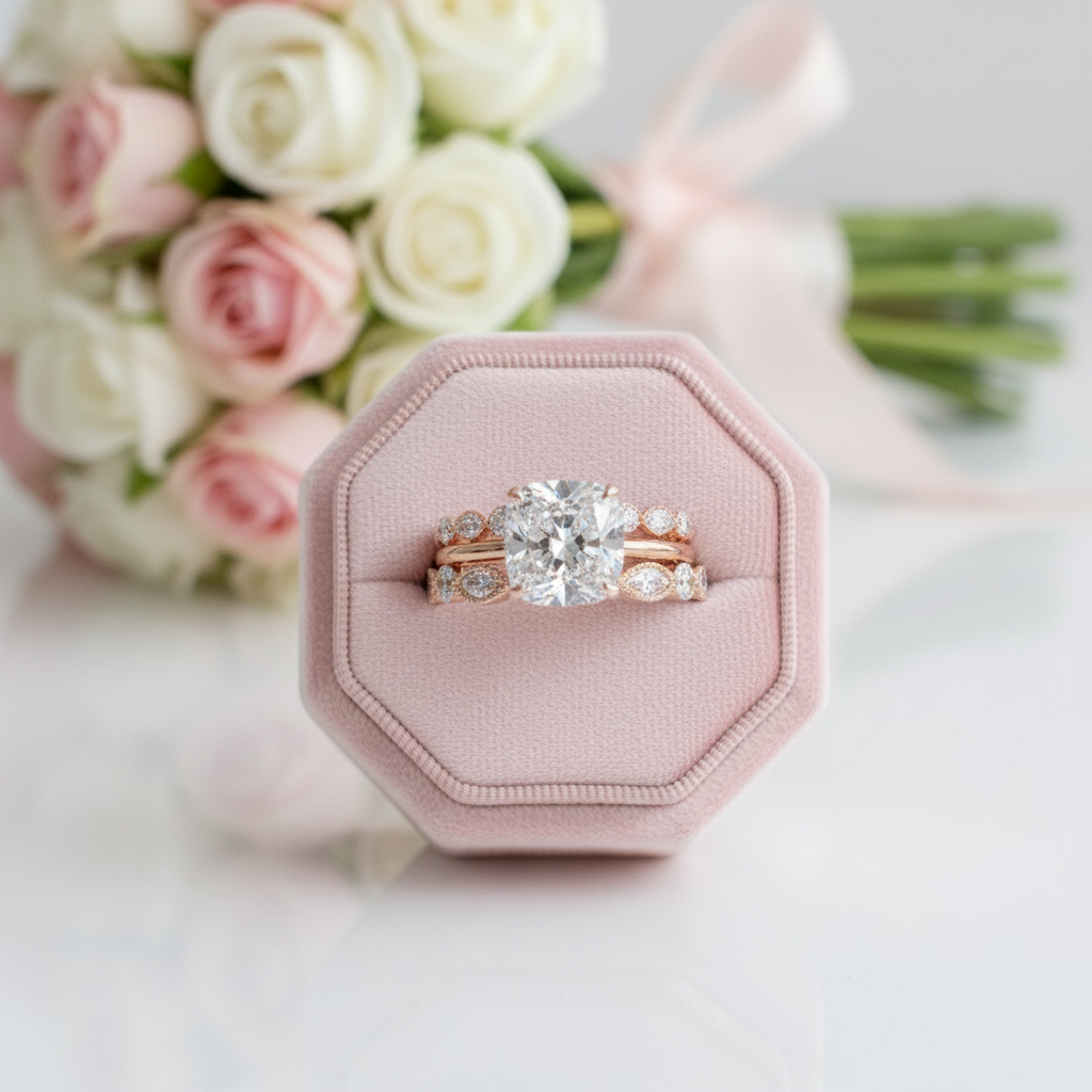 A rose gold engagement ring with a large round-cut center stone and smaller accent stones, displayed in a pink octagonal ring box with a bouquet of pink and white roses in the background.