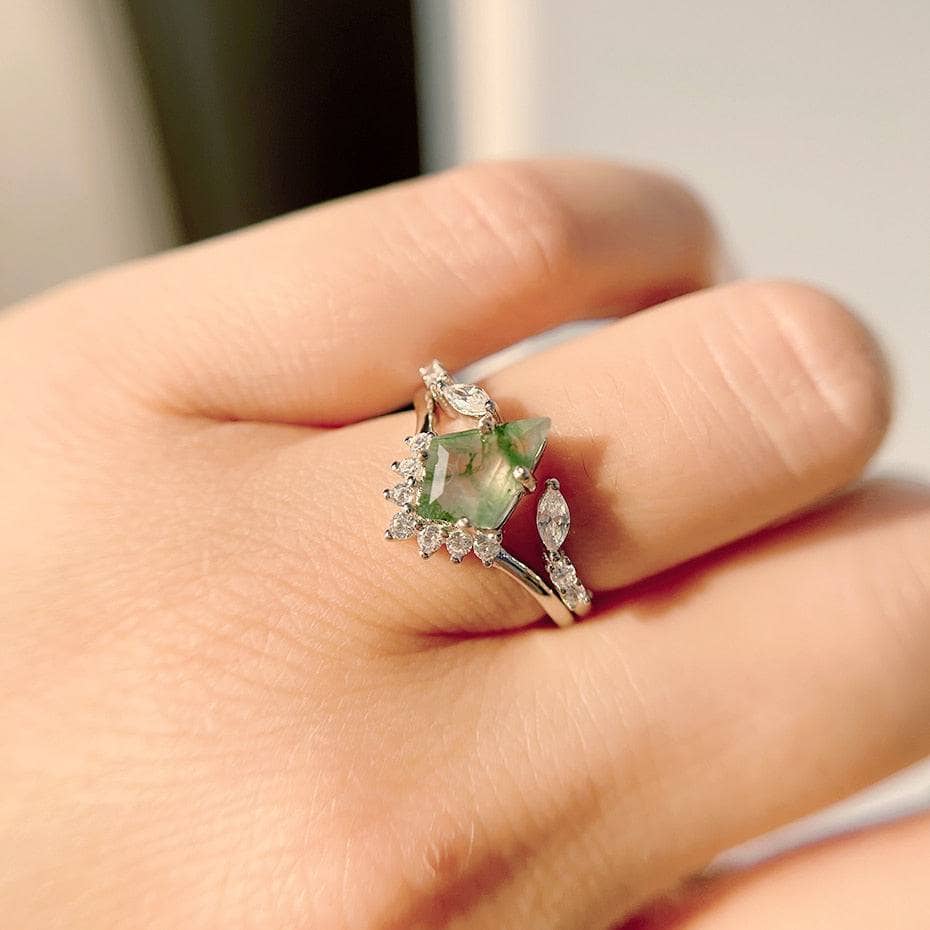 VIP Custom Dream Ring- Natural Moss Agate Rhombus Shape Engagement Ring (Aftersale Service)-Black Diamonds New York