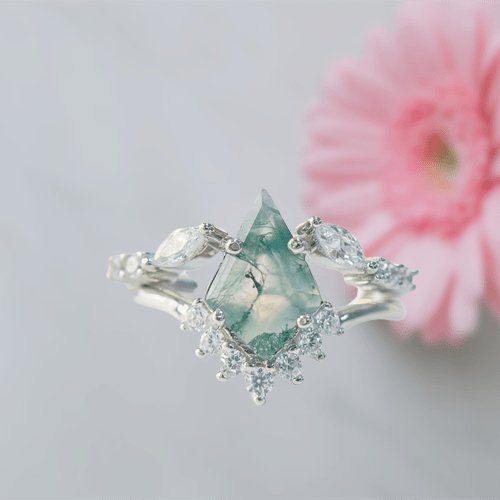 VIP Custom Dream Ring- Natural Moss Agate Rhombus Shape Engagement Ring (Aftersale Service)-Black Diamonds New York
