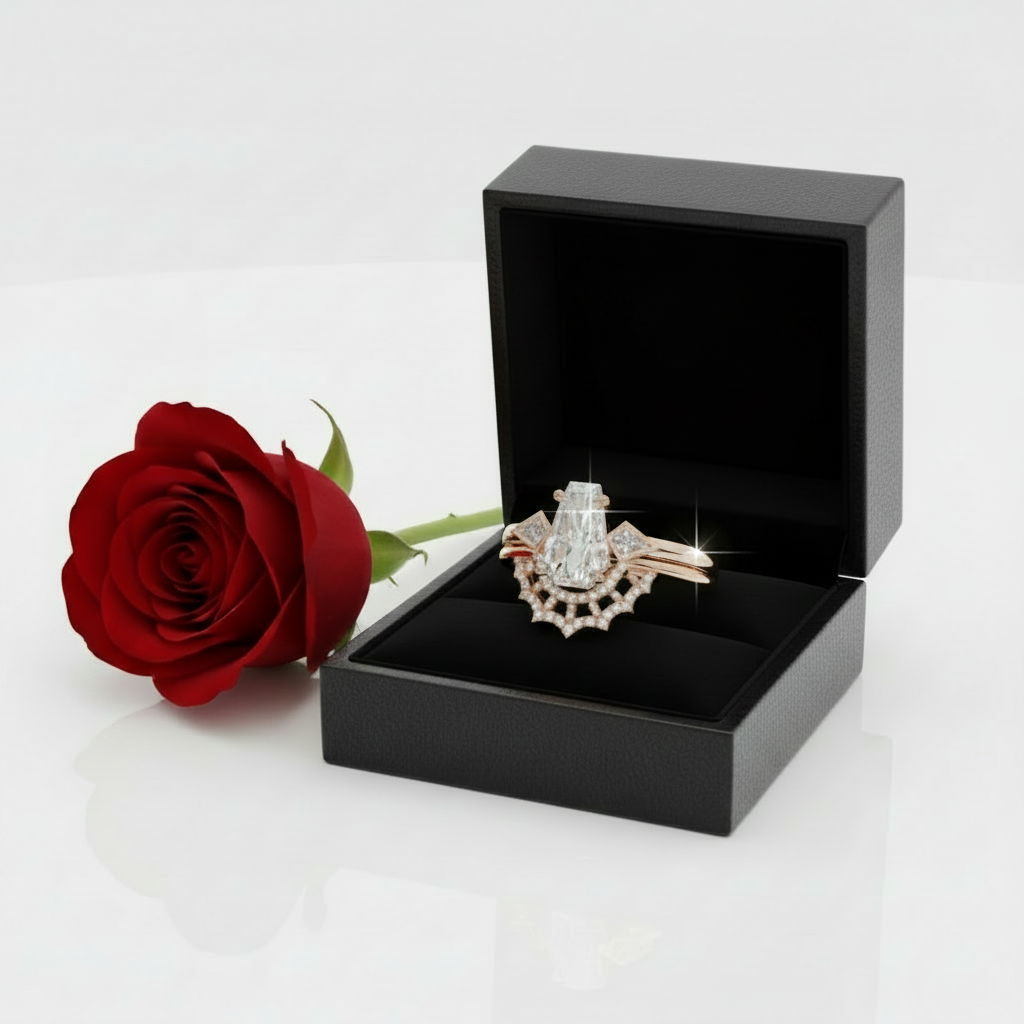 A rose gold ring with a large rectangular clear center stone and smaller surrounding stones, displayed in an open black jewelry box next to a red rose on a clean white background.
