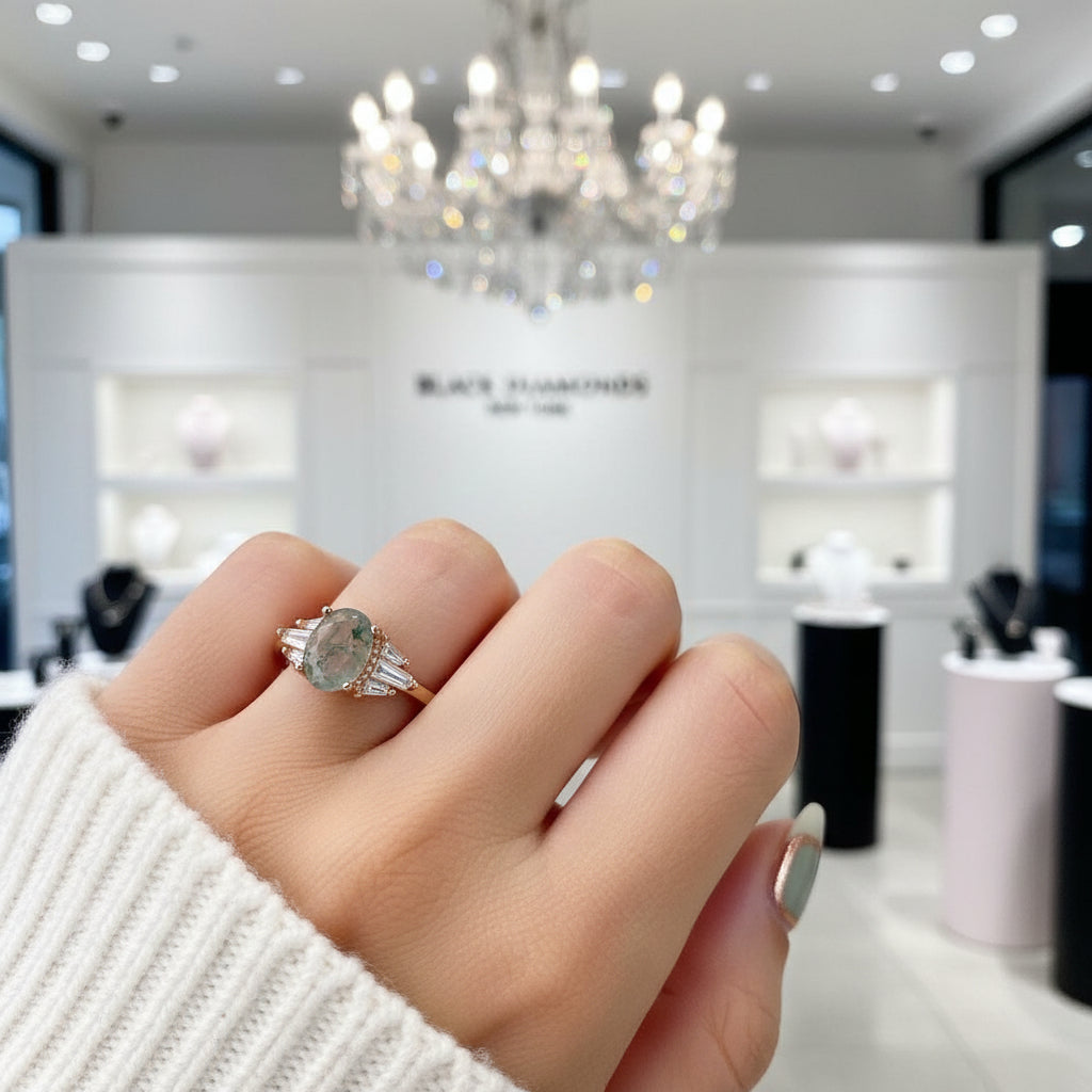 VIP Dream Ring- Oval Cut Natural Moss Agate 4 Prong Engagement Ring-Black Diamonds New York