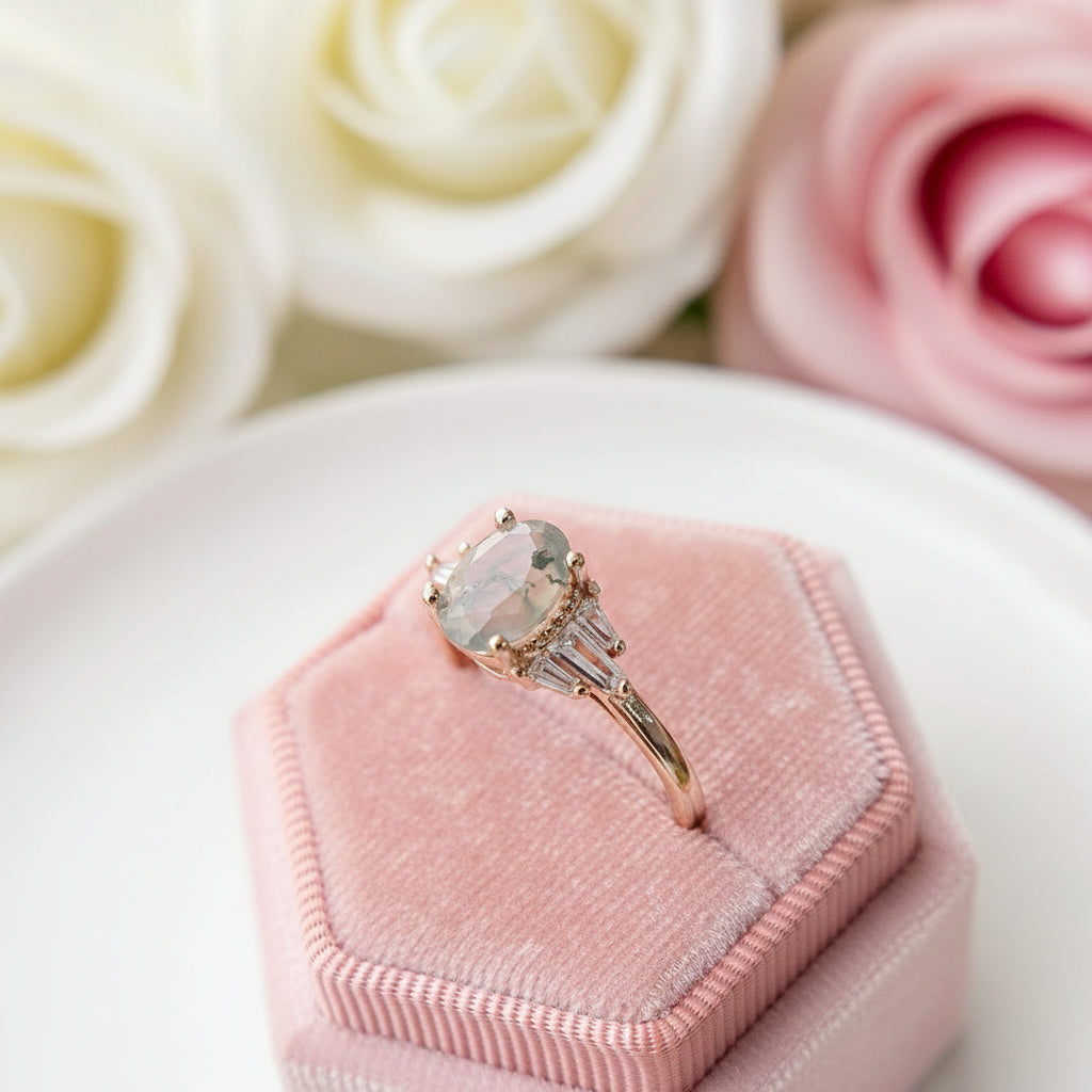 VIP Dream Ring- Oval Cut Natural Moss Agate 4 Prong Engagement Ring-Black Diamonds New York