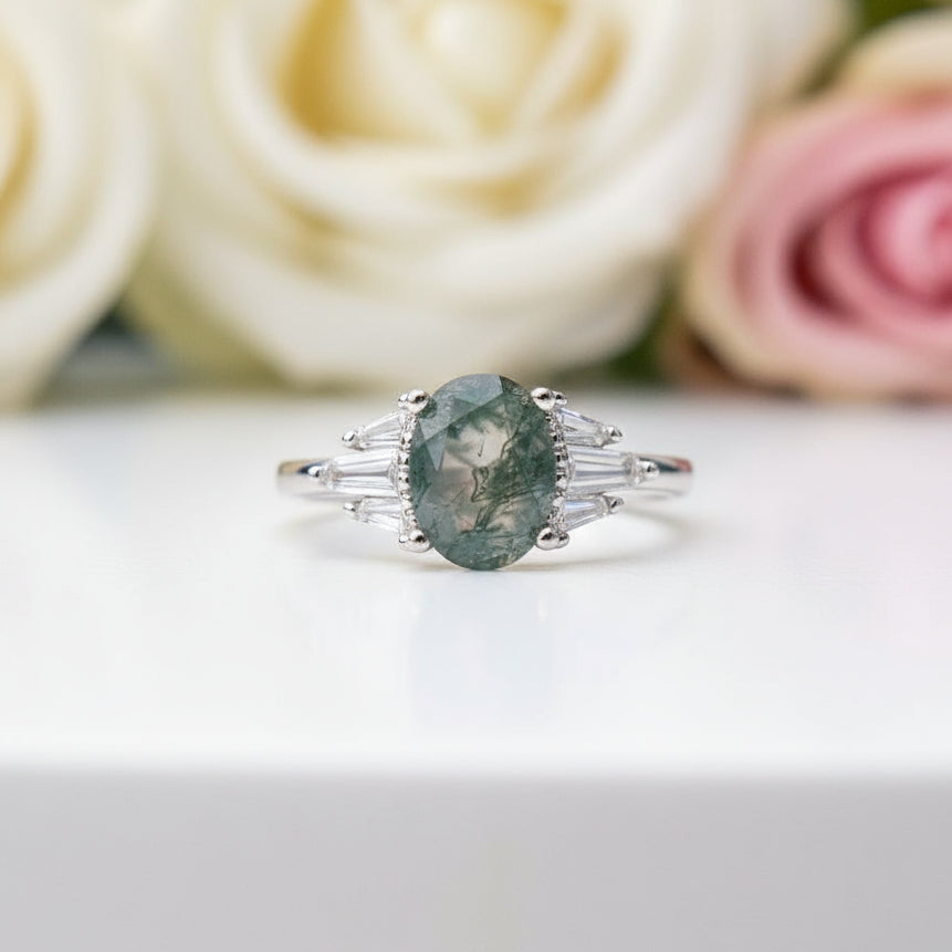 VIP Dream Ring- Oval Cut Natural Moss Agate 4 Prong Engagement Ring-Black Diamonds New York