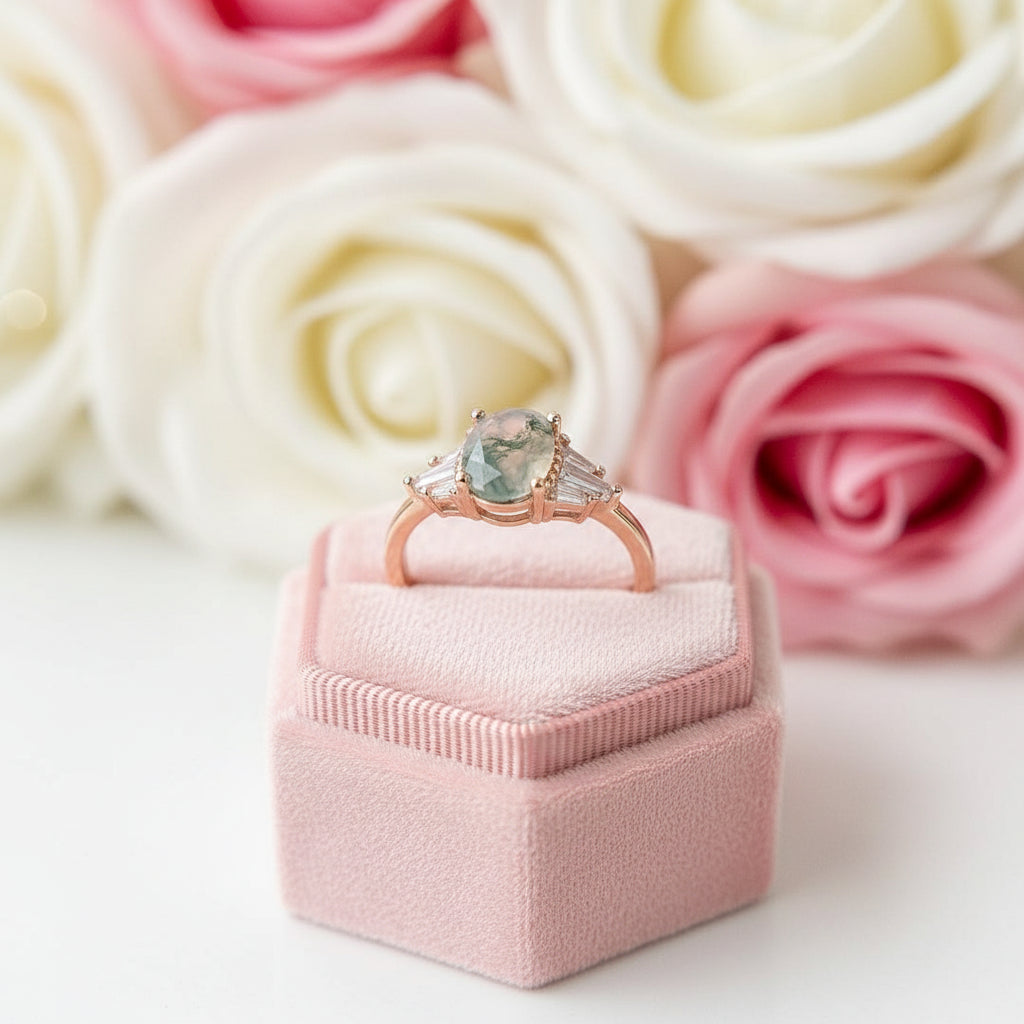 VIP Dream Ring- Oval Cut Natural Moss Agate 4 Prong Engagement Ring-Black Diamonds New York