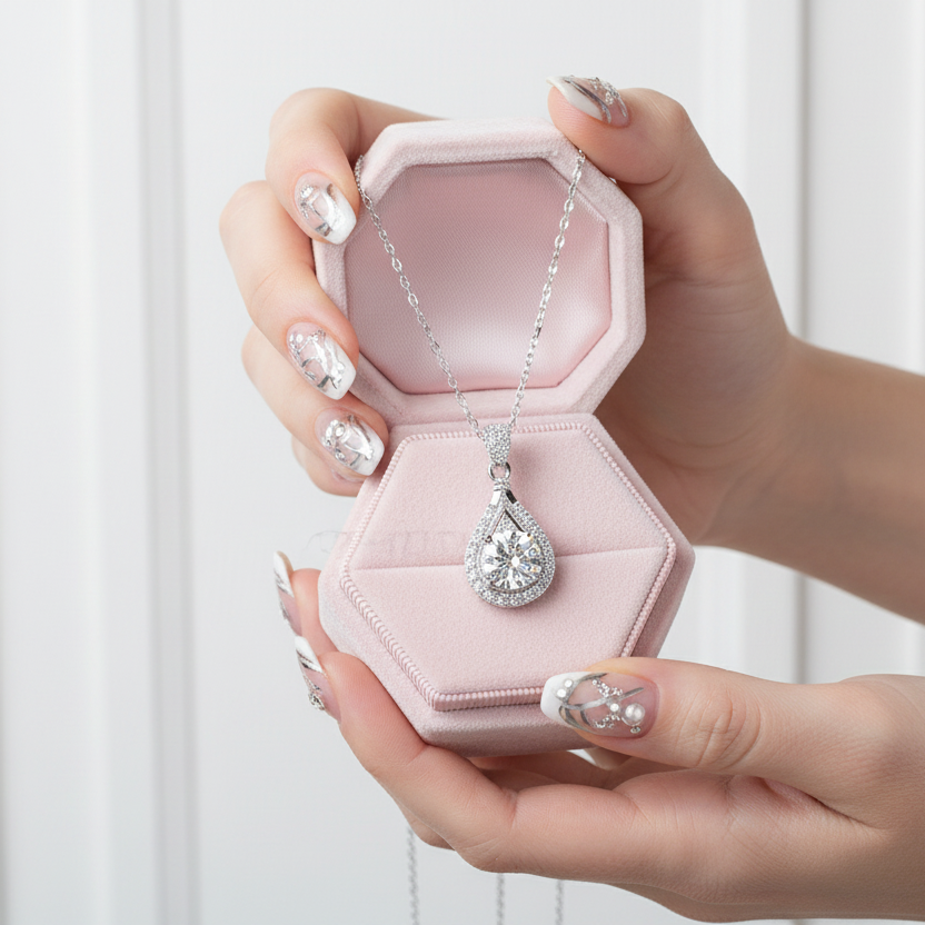 Pink jewelry box with a teardrop-shaped earring held by hands with decorative nails.
