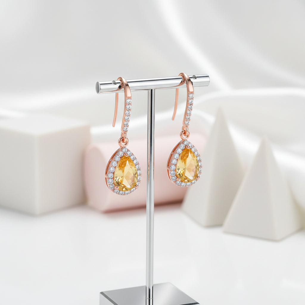 Water Drop Yellow Citrine Stone Dangle Earrings-Black Diamonds New York