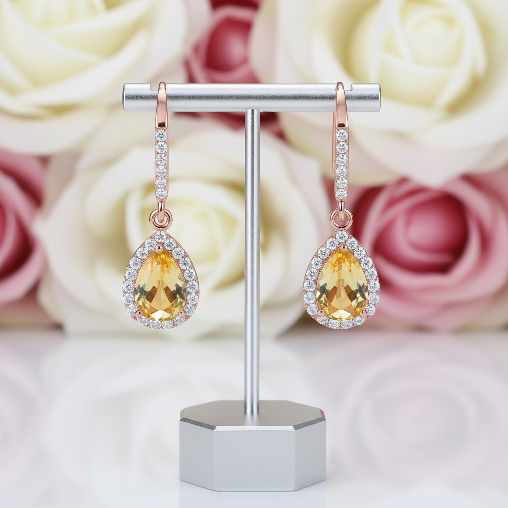 Water Drop Yellow Citrine Stone Dangle Earrings-Black Diamonds New York