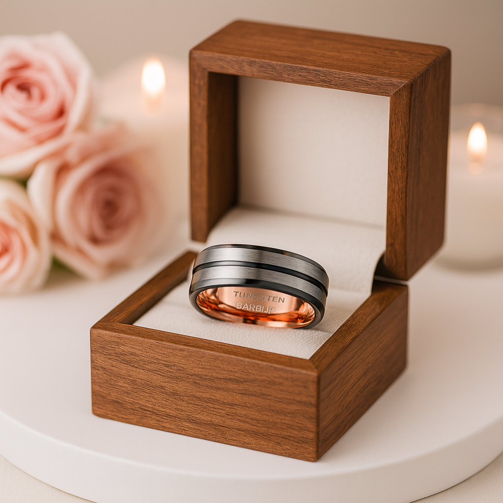 Rose Gold Inner Ring & Black Bevel Groove Tungsten Carbide Men's Ring-Black Diamonds New York