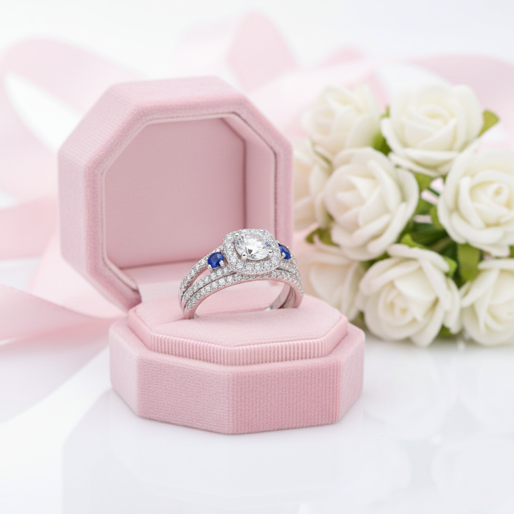 Blue Round Cut Diamond Option Halo Engagement Ring Set-Black Diamonds New York