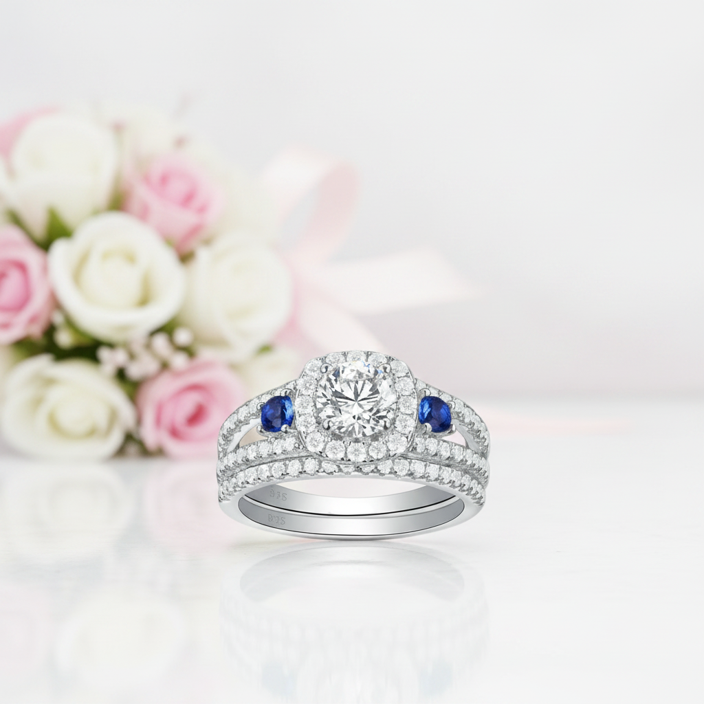 Blue Round Cut Diamond Option Halo Engagement Ring Set-Black Diamonds New York