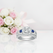 Blue Round Cut Diamond Option Halo Engagement Ring Set-Black Diamonds New York