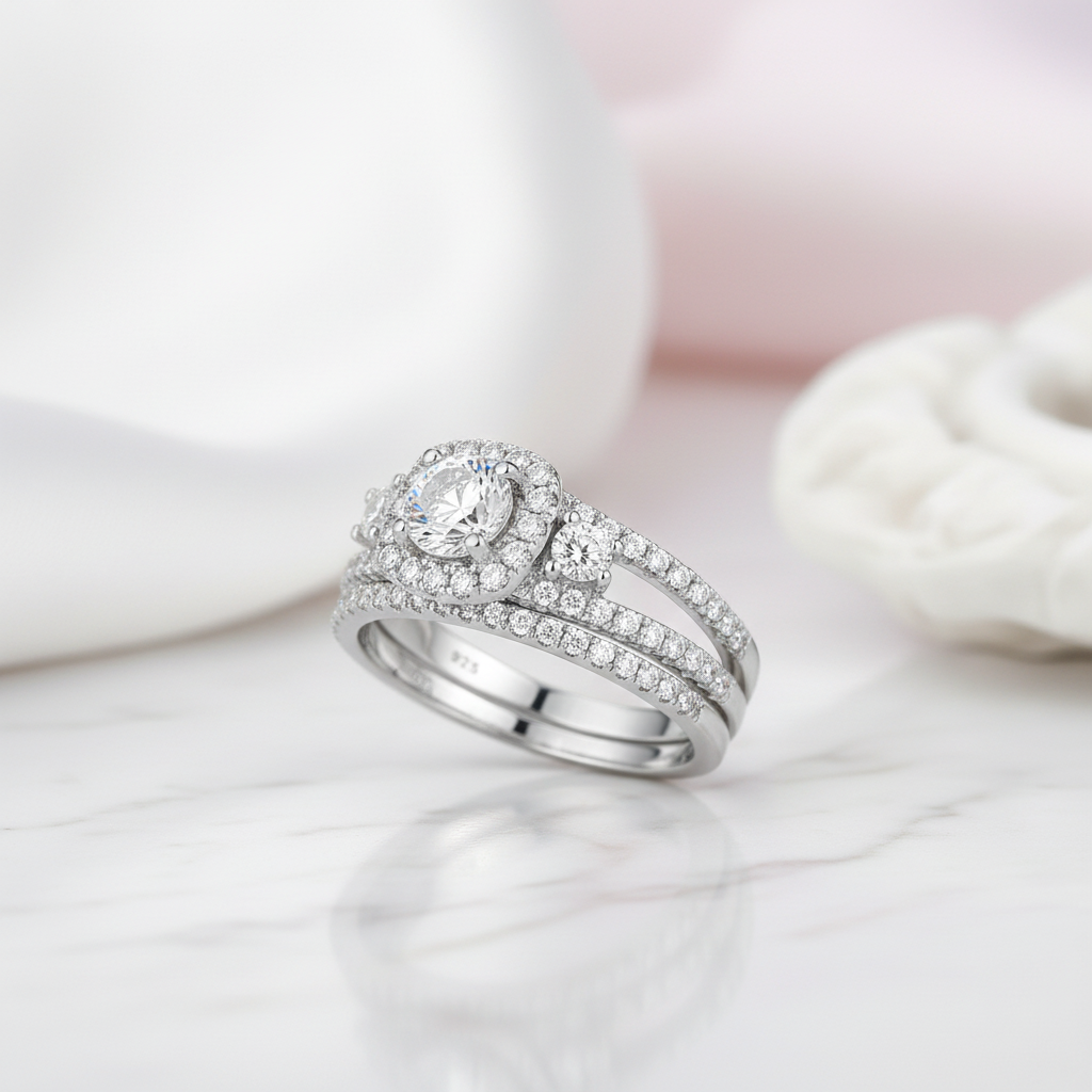 Blue Round Cut Diamond Option Halo Engagement Ring Set-Black Diamonds New York