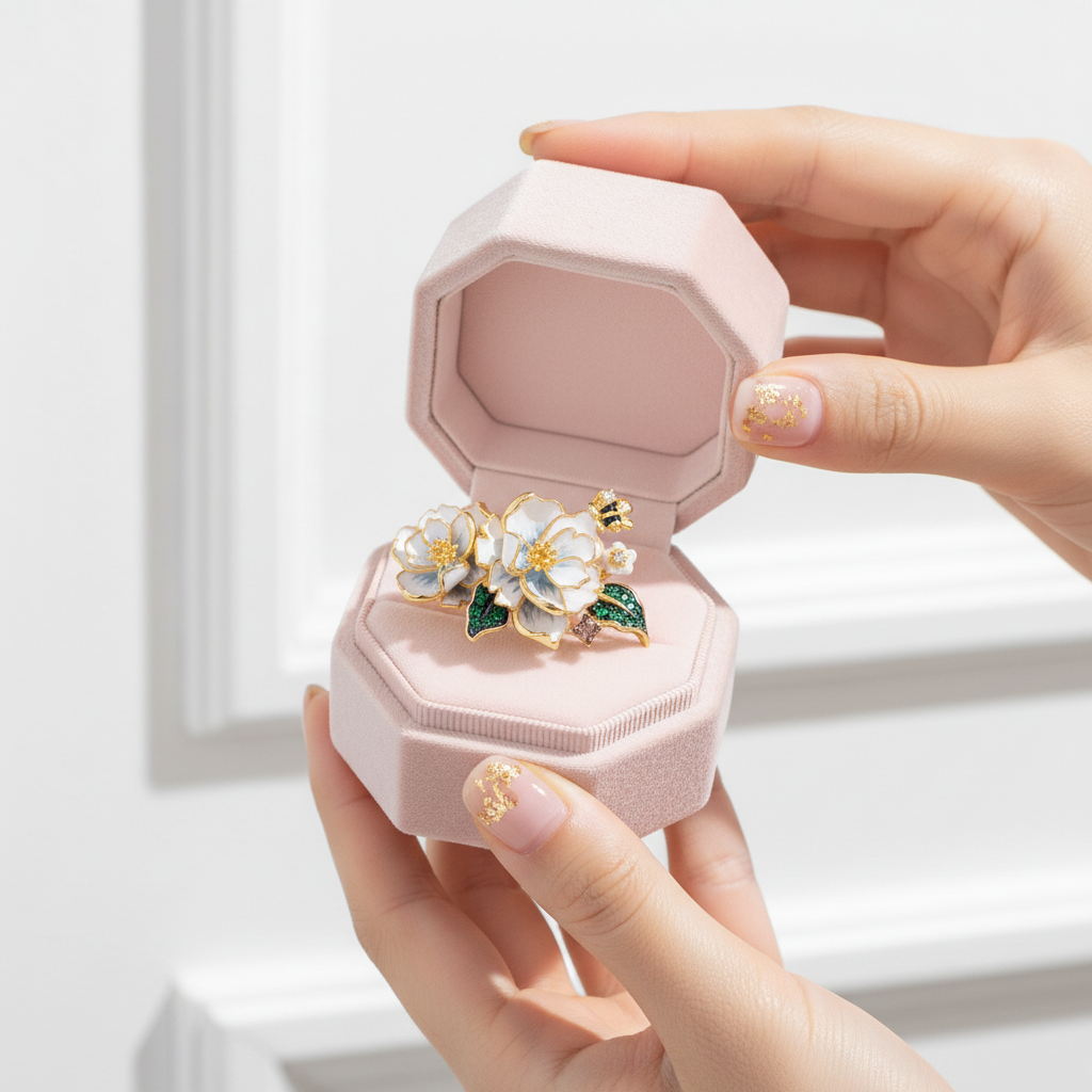 White Enamel Flower Ring with Diamond Option & Spinel-Black Diamonds New York