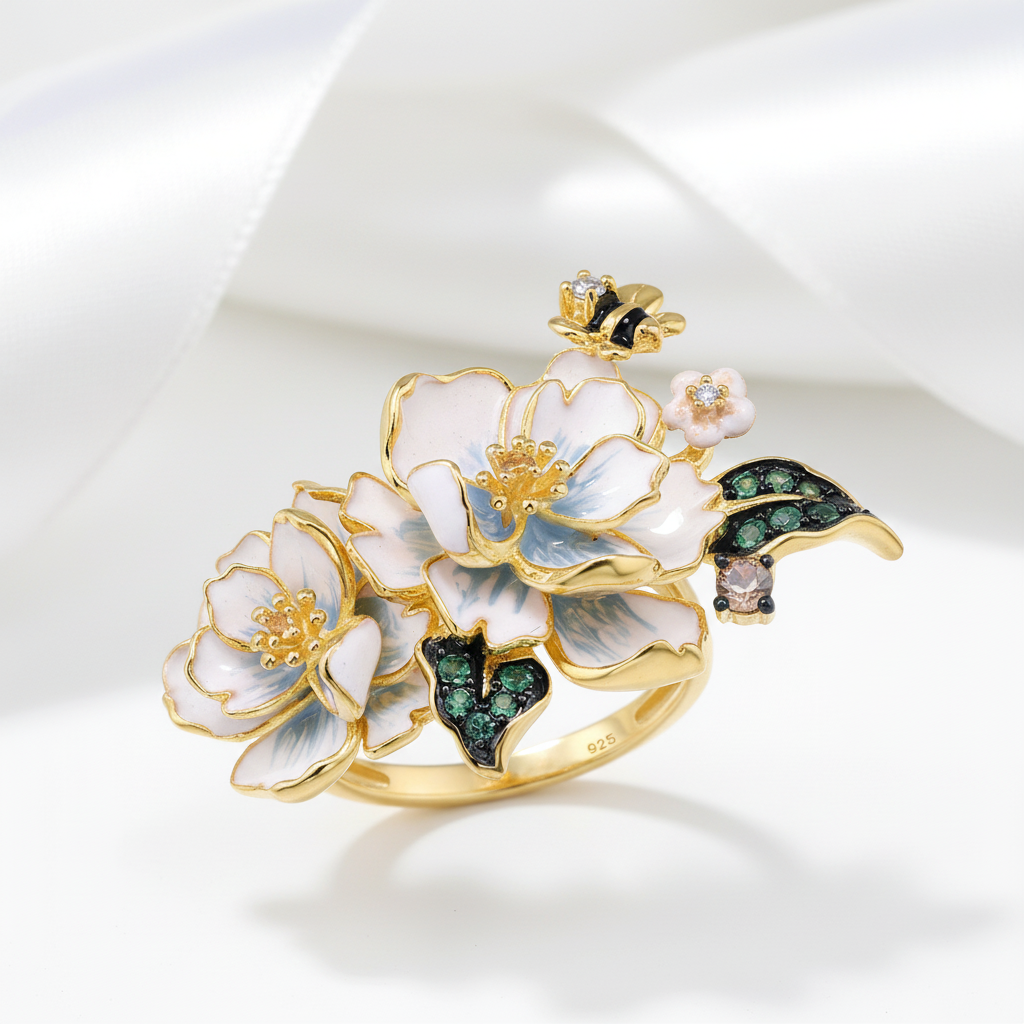 White Enamel Flower Ring with Diamond Option & Spinel-Black Diamonds New York