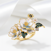 White Enamel Flower Ring with Diamond Option & Spinel-Black Diamonds New York
