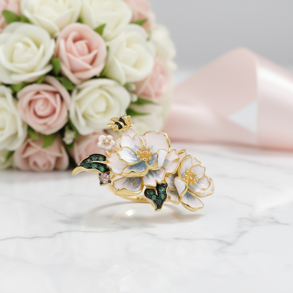 White Enamel Flower Ring with Diamond Option & Spinel-Black Diamonds New York