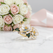 White Enamel Flower Ring with Diamond Option & Spinel-Black Diamonds New York