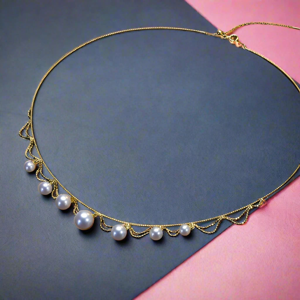 White Freshwater Pearl 18k Yellow Gold Necklace-Black Diamonds New York